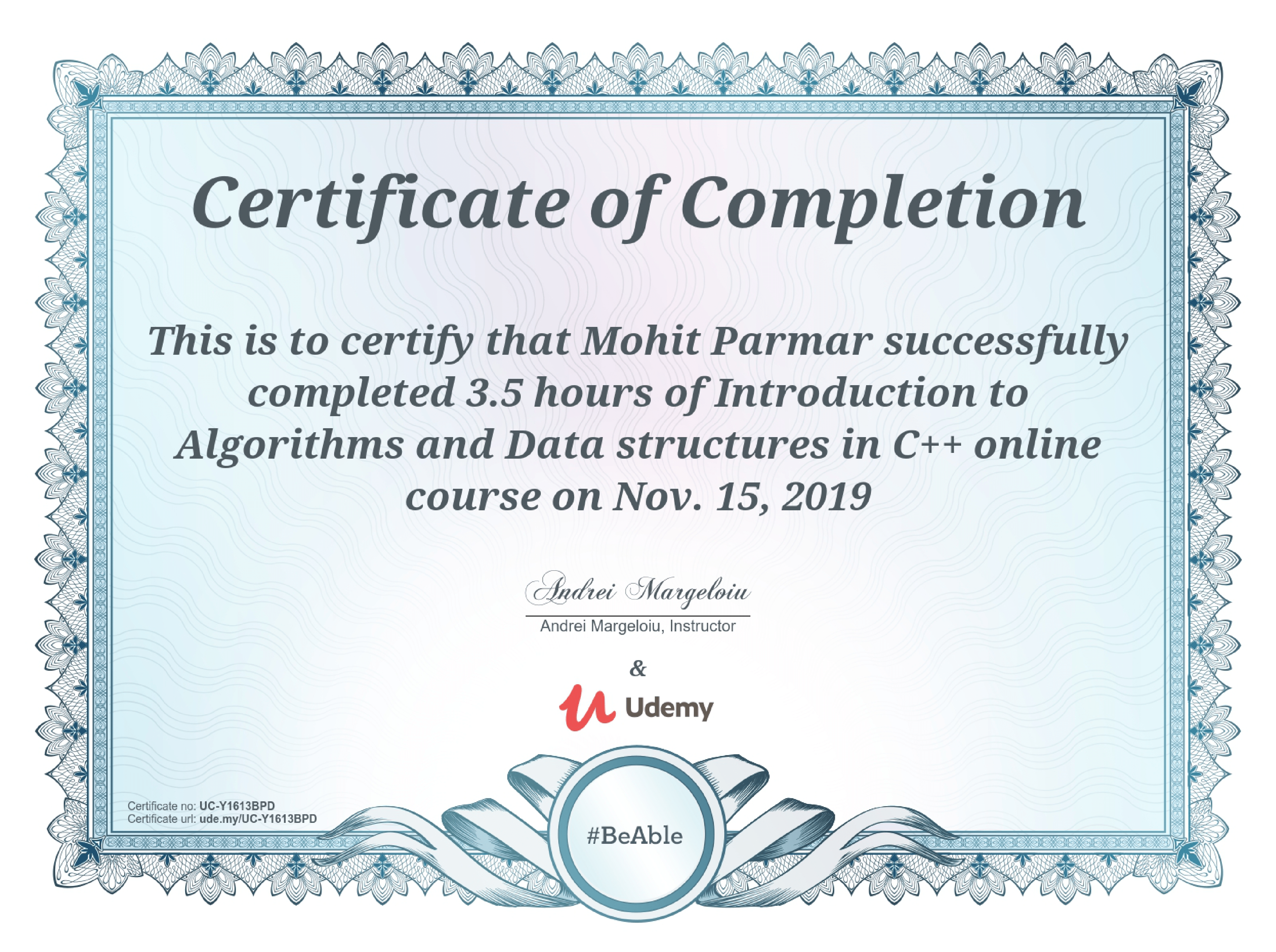 Algorithms and Data Structure Certificate