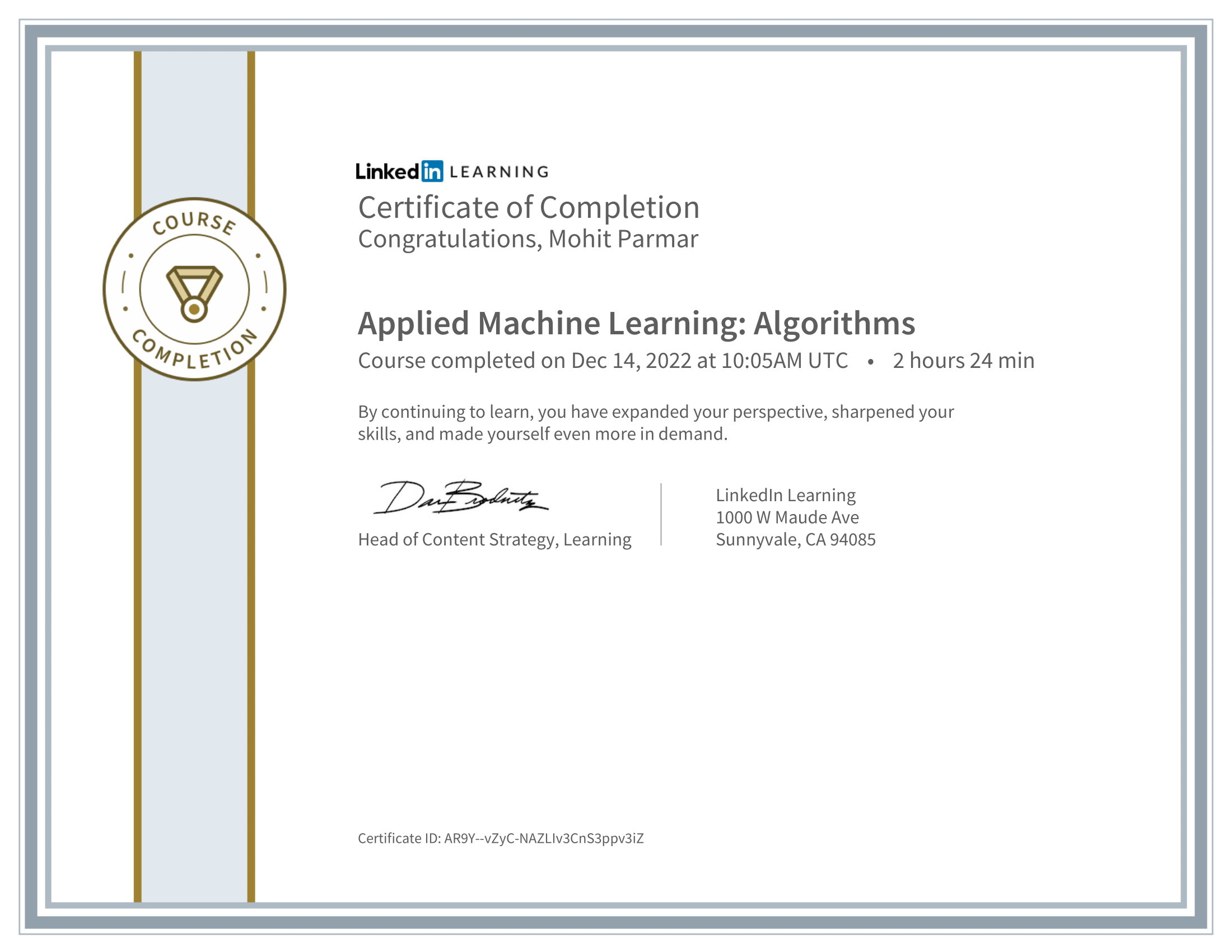 Applied Machine Learning Algorithms Certificate